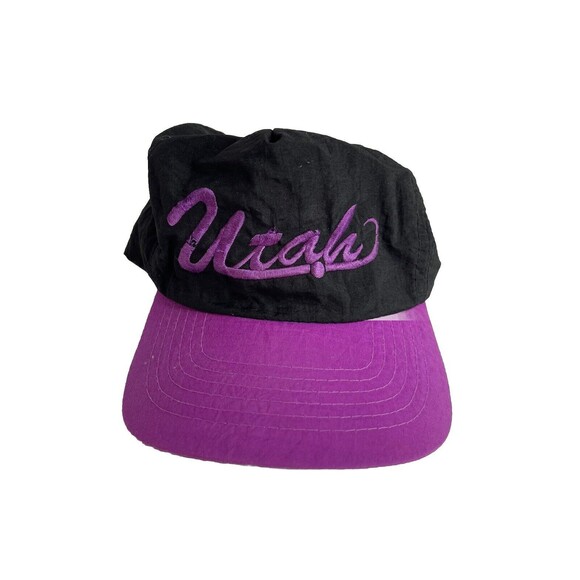 Vintage Nylon Black Purple Utah Hat Cap SnapBack Embroidered Lightweight - Picture 1 of 7